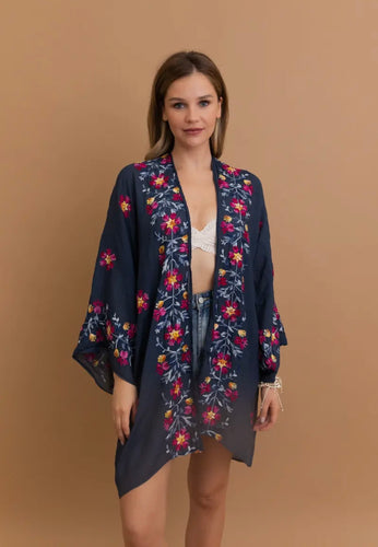 Navy Floral Embroidered Kimono