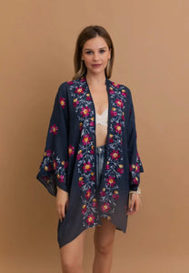 Navy Floral Embroidered Kimono