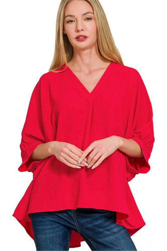 Woven Airflow V-neck Puff Sleeve Top