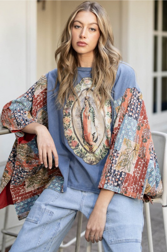Virgin Mary Print Kantha Poncho Top