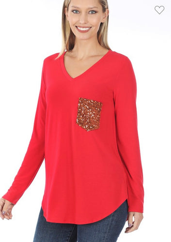 RED SEQUIN POCKET TOP