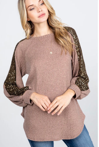 Mocha Sequin Sleeve Top