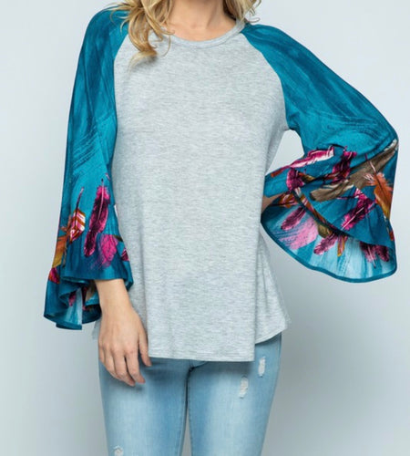 Feather Print Bell Sleeve Top